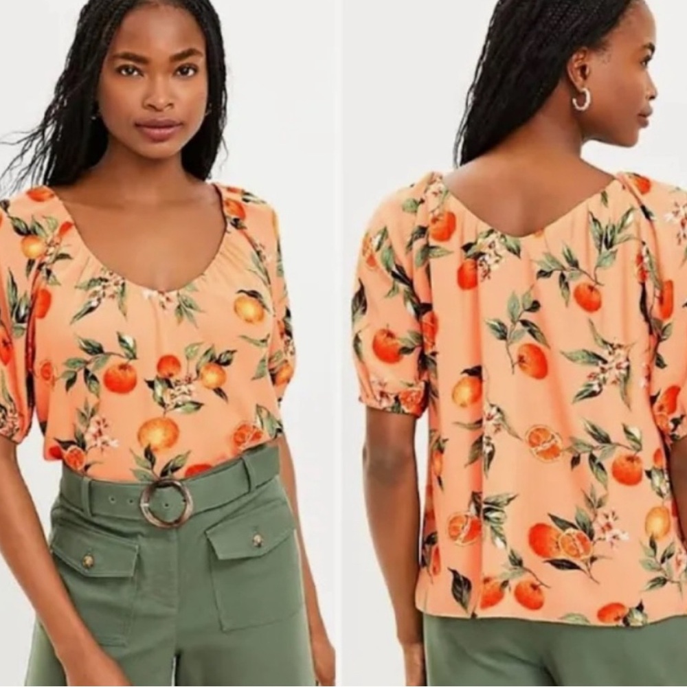 Loft Orange Print Blouse with Gathered Sleeves